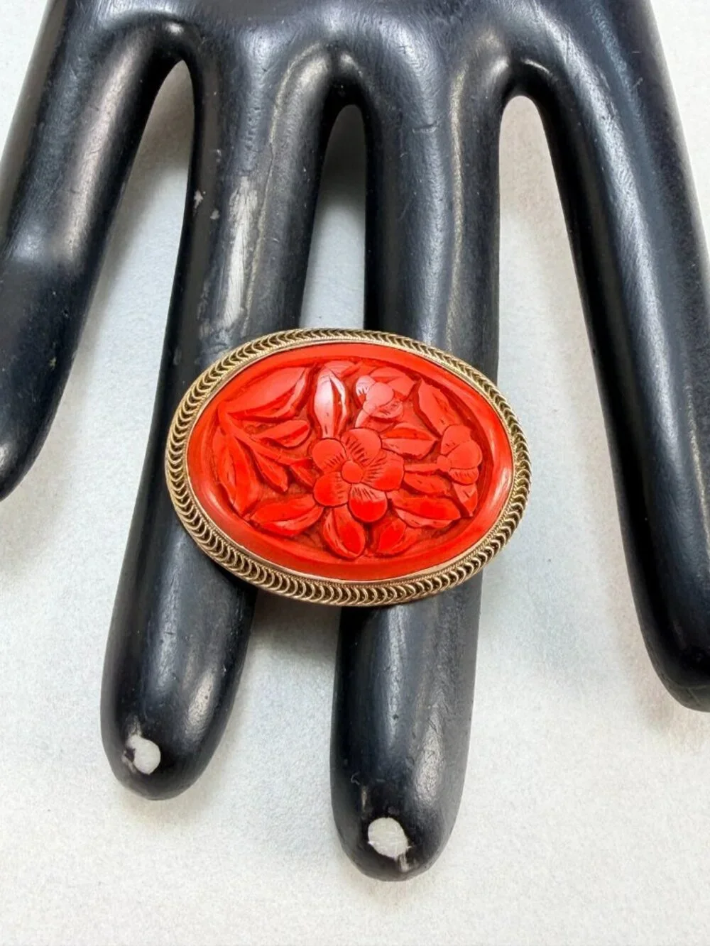 Vintage Chinese Cinnabar Carved Floral Brooch Gold Tone Oval Sterling Silver